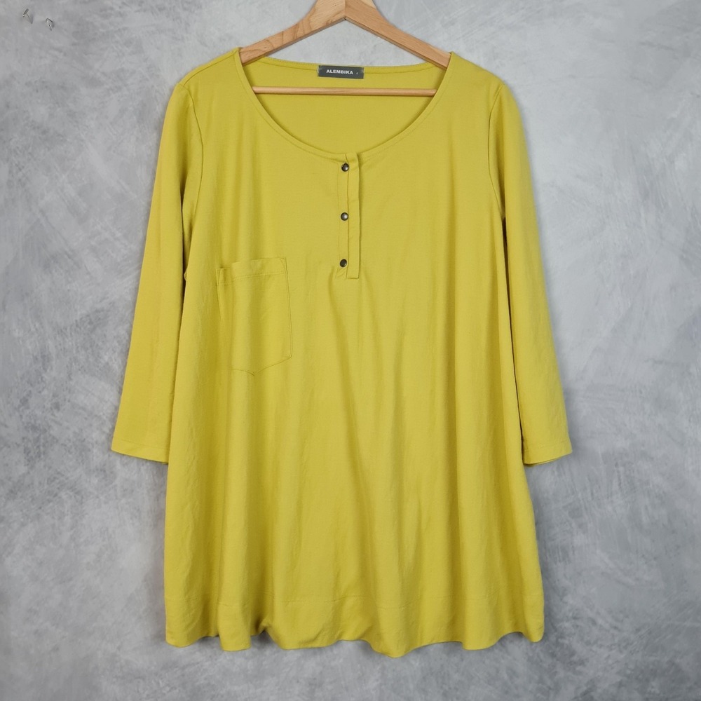 Alembika Tunic Top Womens 4 Yellow Henley 3/4 Sleeve Jersey Stretch Pullover